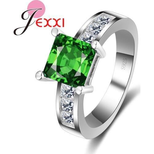 Anninversary Gift 925 Sterling Silver Party Rings Women Girls Wedding Jewelry Square Green Cubic Zirconia