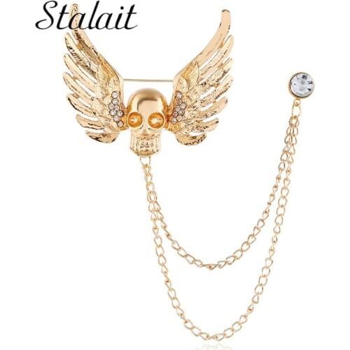 Skeleton Head Wings Punk Brooches Multi Layer Chain Gold Silver Color Skull Brooch Pins For Man Halloween Party Gifts