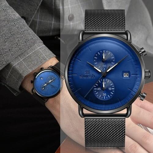 Fashion Men Watches Top Brand Luxury Black Stainless Steel Quartz Watch Man Waterproof Sport Chronograph Clock Relogio Masculino