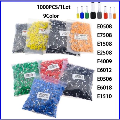 1000pcs/Pack E0508 E7508 E1008 E1508 E2508 Insulated Ferrules Terminal Block Cord End Wire Connector Electrical Crimp Terminator