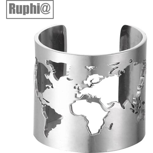 Stainless Steel Adjustable Finger Ring World Map Cut-out Quality Openable Knuckle Thumb Pull Ring Travel Peace Party Jewelry