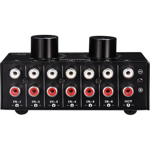 6 Input 1 Output Switcher Audio Source Selection Switcher RCA Audio Input Signal Selector Switch with Volume Adjustment and Manu