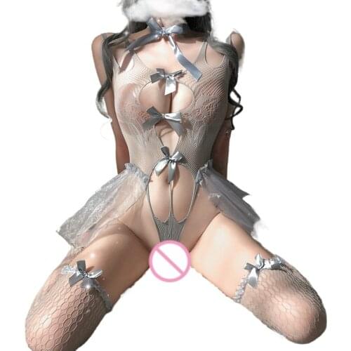 Transparent Women Sexy Lingerie Set Lace Satin Nightdress Tulle Nightgown Erotic Thong Panties Hollow Out Sexual Underwear Sexi