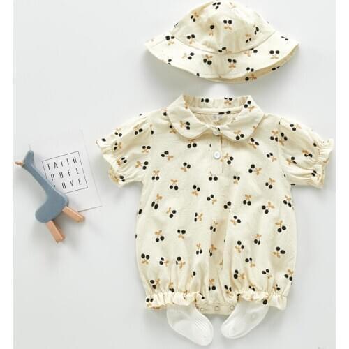 Angoubebe 202H07 summer 2-piece short-sleeve romper with hat cherry print design