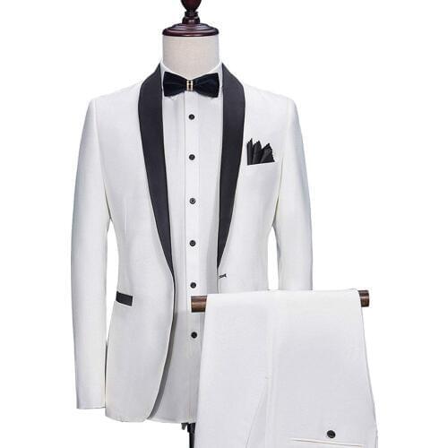 Fashion Mens 3 Piece Suits Shawl Lapel Tuxedos Groomsmen Blazers +Vest+ Pant Set For Wedding