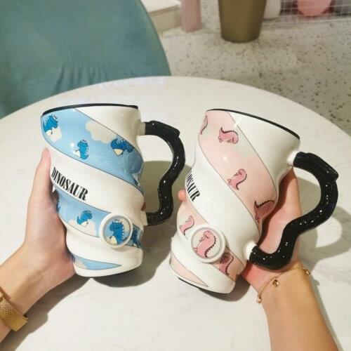 Cartoon handle dinosaur ceramic cup l thread with lid mug water cup 500M gift office tea coffee beer mug pink coffee mug