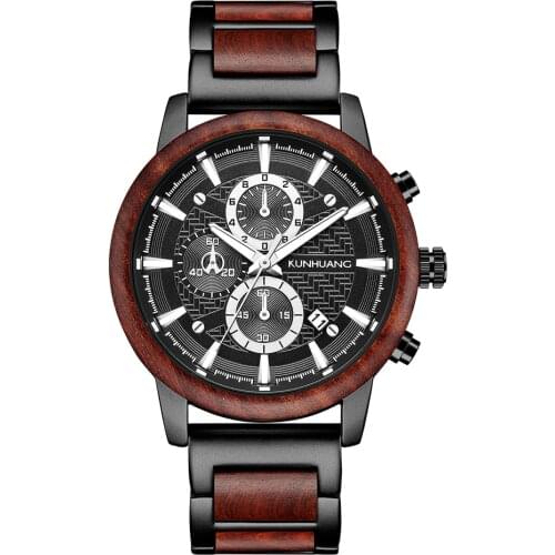 Mens Watch Wood Steel Strap Customized Fashion Luxury Quartz Wood Luxury Watch Buddha Statue Engraving Watch