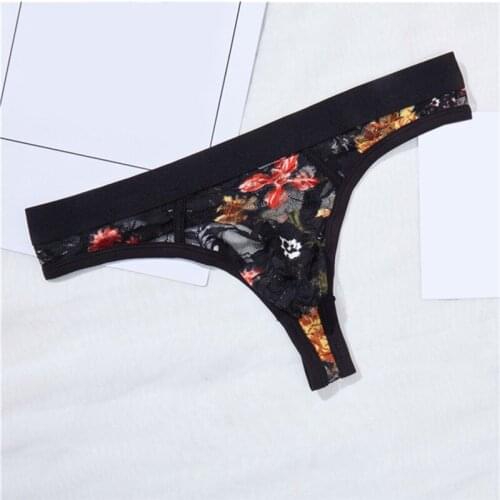 Men Underwear Sexy Low-rise Thong For Male Lace Print Men Briefs Men See Through Tanga Hombre G-String Transparent Lingerie New