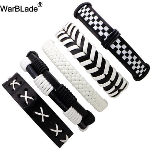 WarBLade 2018 New Genuine Leather Men Bracelet Black White Vintage Charm Braided Bracelets Bangle Punk Wrap Wristband Jewelry