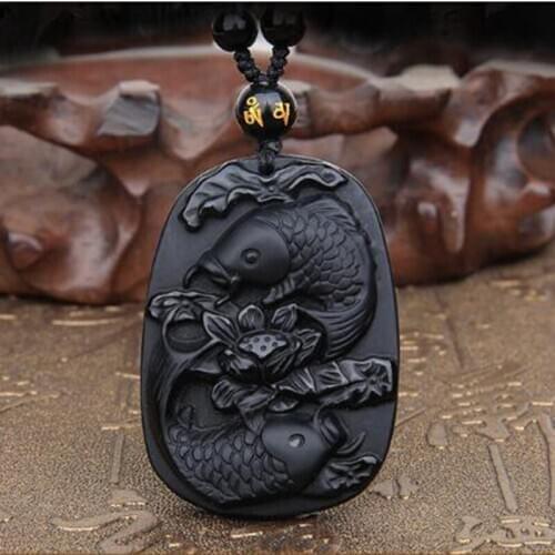 Natural Obsidian Double Carp Jade Pendant Jewelry Lucky Auspicious Safety Amulet Pendant Necklace Fine Jewelry