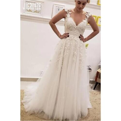 JIERUIZE Latest Beach Bobo Wedding Dresses Jewel Neck Sheer Back Cap Sleeves 3D-Floral Appliques Bridal Gowns robe de mariee