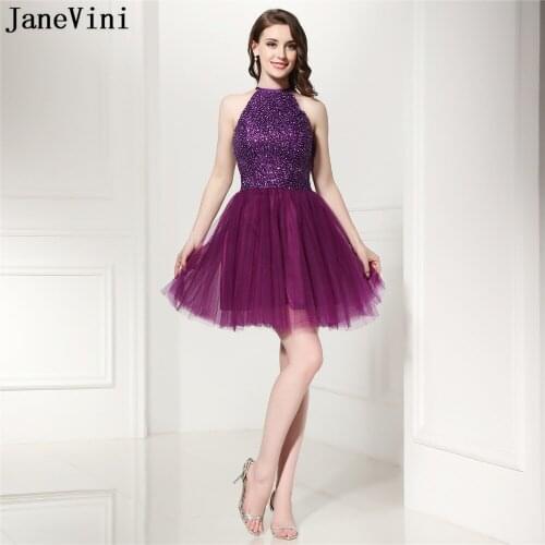 JaneVini Sparkle Grape Sequined Tulle Short Prom Dresses 2019 Halter Beaded Backless A Line Elegant Cocktail Dress Vestido Gala