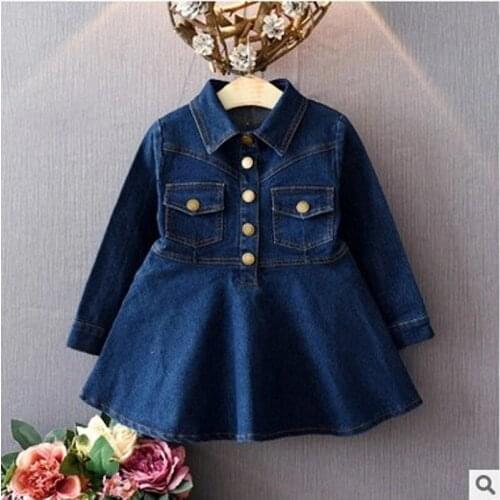 Girls Dresses 2020 Autumn New Childrens Clothing Girls Fashion Single-Breasted Long-Sleeved Lapel Denim Dress