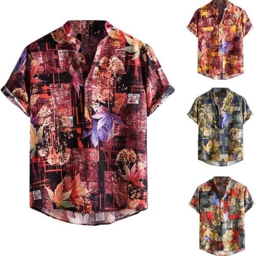 Plus Size Mens Shirts Vintage Print Casual Stand Collar Button Pullover Shirt Blouse Summer Short Sleeve Daily Shirts Camisa