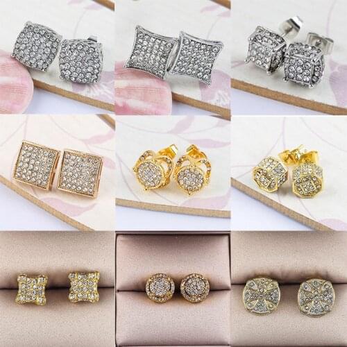 Luxury Rhinestone Crystal Stud Earrings Punk Gold Silver Color Round Bling Earring Women Men Fashion Hip Hop Jewelry Z3N957