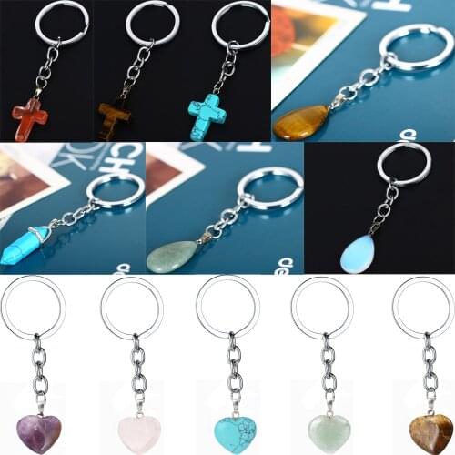 Rose Pink Purple Tiger Eye Natural Heart Water Drop Cross Buttle Stone Keychain Crystal Quartz Charm Keychain Family Bff Gift