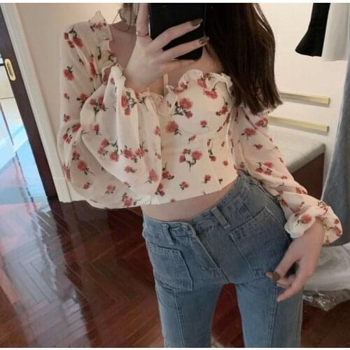 Chiffon Printed Shirt Female Summer 2020 New Sexy Small Waist on Bare Short Long-Sleeved Top