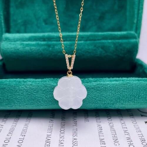 SHILOVEM 18k YELLOW gold real Natural white Jasper pendants classic fine Jewelry women necklace plant new 14mm mymz14146652hby