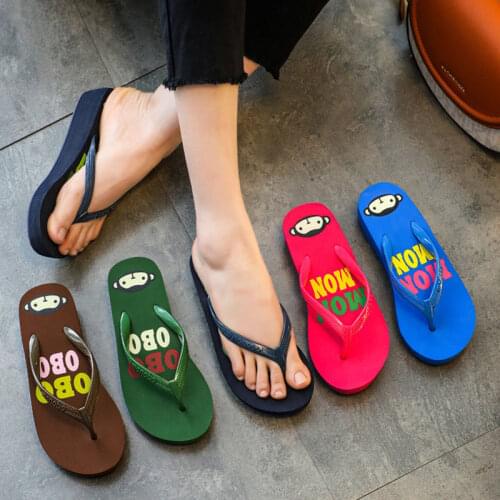 Comfortable flip flop women thick soled summer slope heel slippers anti slip clip foot high heel beach wear middle heel sandals