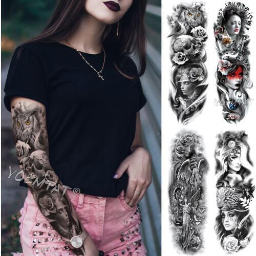 Large Arm Sleeve Tattoo Rose Sternum Clock Waterproof Temporary Tattoo Sticker Red Beauty Girl Full Skull Flower Tatoo Women