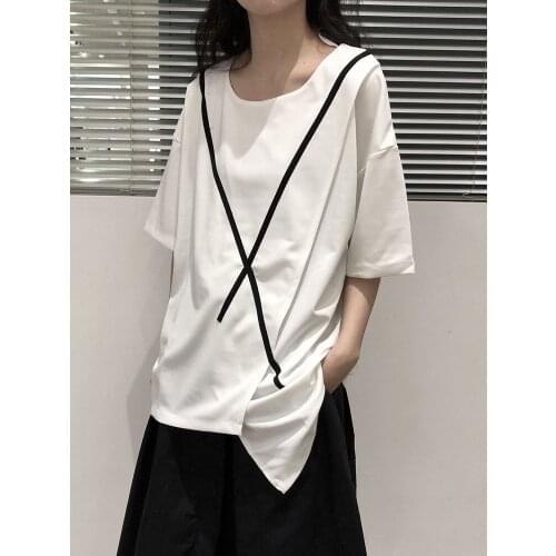 Womens new summer cross asymmetrical design sense of fashion casual loose size short sleeve T-shirt