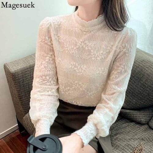 Sweet Hollow Lace Blouse Women Elegant Autumn Long Sleeve Bottoming Shirt Stand Collar Slim Womens Long Sleeve Top Blusas 16985