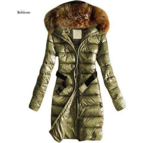 Women Fur Big Hair Collar Cotton Padded Jacket Coat Korean Fashion Down Cotton Jackets Coats Long Fashion Slim Coats
