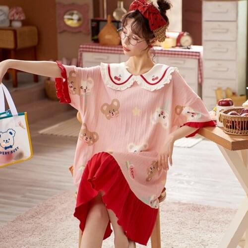 "M-4XL" Womens Homedress Knee-Length Nightdress Plus Size Nightgowns Girls Sleepwear Cotton Sleepshirts Loose Home Clothing