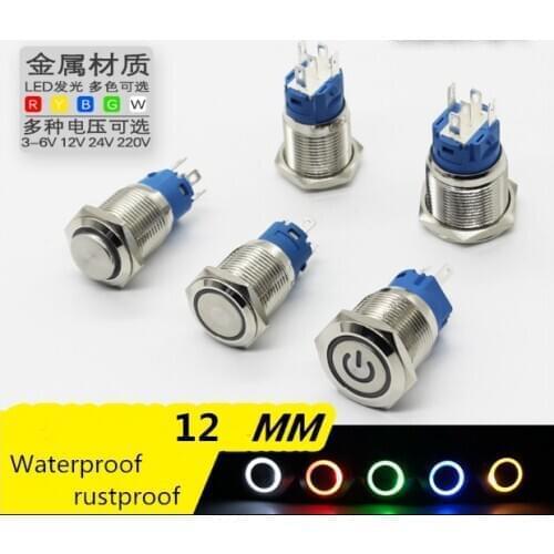 12mm Reset Momentary Metal Push Button Switch LED Light 12/24/110/220V 4 Screw Foot Waterproof Car Power Button Switch