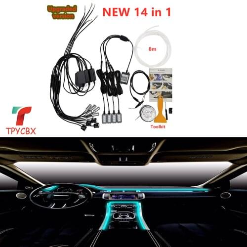 14 in 1 RGB LED Atmosphere Car Light Interior Ambient Light Fiber Optic Strip Light by App Control DIY Music 8M Fiber Optic Band