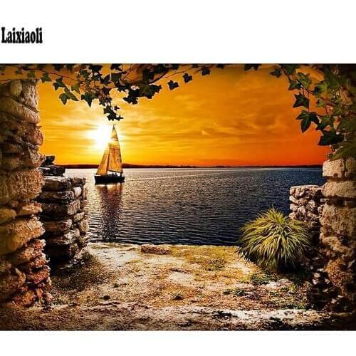 5D Diy outside the window diamond painting Beach seascape ship sunset diamond embroidery Rhinestone cross stitch mosaic decor