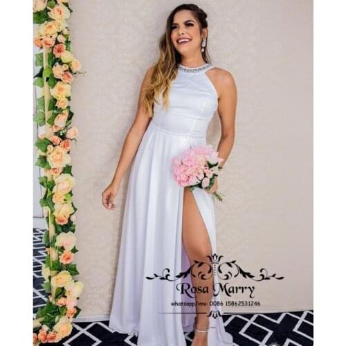 White Satin Boho Wedding Dresses A Line Halter Plus Size High Slit Country Beach Vestido De Novia Greek Style Bridal Gowns