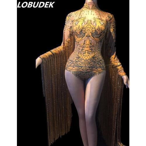 5 Colors Tassel Sleeve Crystal Bodysuit Female Costume Nightclub Bar Rhinestones Jumpsuit Outfit Singer Performance Stage Wear