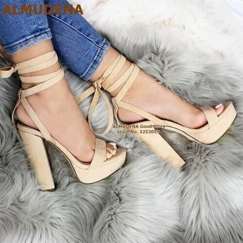 ALMUDENA Sexy Beige Sude Lace-up Platform Sandals Slingback Chunky Heel Gladiator Dress Shoes Vogue Banquet Pumps Size46