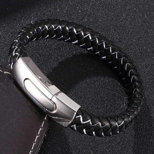 Fashion Men Jewelry Black White Braided Leather Bracelet Male Stainless Steel Spring Clasps Charms Bangles Wrist Band Gifts