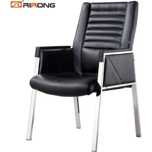 Black Color Genuine Leather Arm Chair Without WHeel Conference Meeting Visit Office Desk Chair