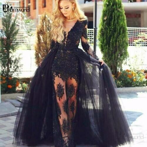 Elegant Black Evening Dresses 2020 V-Neck Full Sleeves Detachable Train Mermaid Lace Vestidos De Fiesta Long Formal Evening Gown