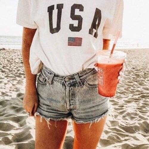 Harajuku Summer USA Letter print tops Summer loose short sleeve women fun ins chic loose Streetwear vintage Casual women t-shirt