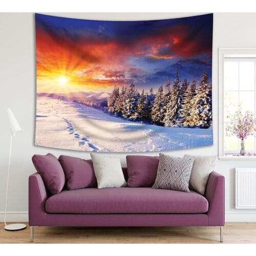 Tapestry Sunset in Winter Mountains Colorful Dramatic Sky Snow Covered Pine Trees Forest Landscape Picture