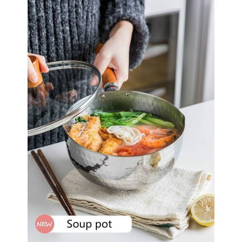 Stainless Steel Flat Bottom Soup Pot Snow Pan Thickening Induction Cooker Open Fire Universal Wooden Handle Small Pot