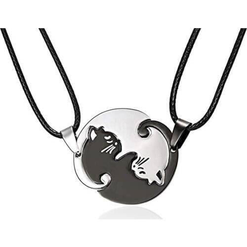 2PCs Couple Matching Cat Necklace Black White Jewelry Pendant Lover Valentines Gifts For Him & Hers Boyfriend Girlfriend