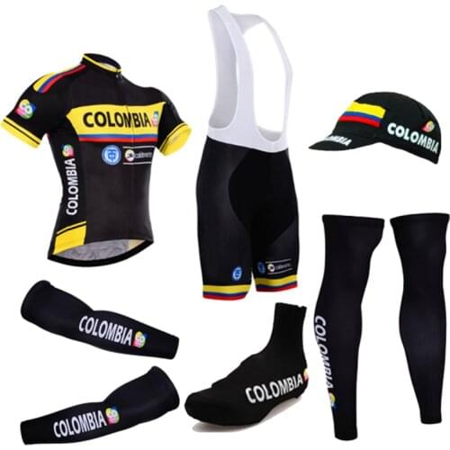 2018 Colombia 6 Pieces Full Set Cycling Jersey Short Sleeve Summer Bicycle Clothing MTB Bike Maillot arm leg shoe covers warmer