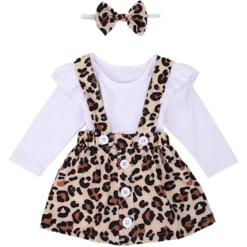 3 PCS Set Baby Girl Lace Long Sleeve Solid Color Tops Leopard Print Suspenders Button Skirt Bow Hairband Baby Clothing