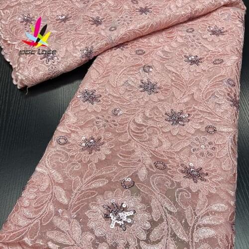 Sequined Lace Fabric Embroidery Purple Color French African Nigerian Latest Design High Quality Tulle 2021 For Dress