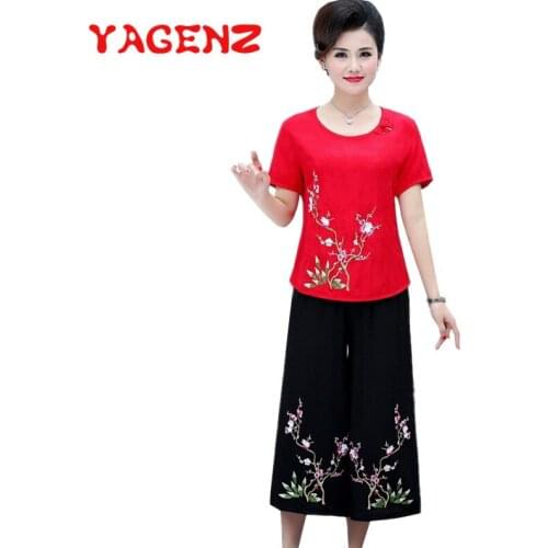 YAGENZ Summer Two Piece Set Women Short sleeve T-shirt Top And Pant Plus size Casual Flower Embroidery Cotton And Linen Suit 727