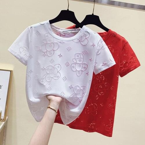 Fashion Creativity Hollow T-shirt Women 2021 Tee shirt Female Tops Short-sleeved Tshirts O-neck Red T shirt New Naisten T-paita