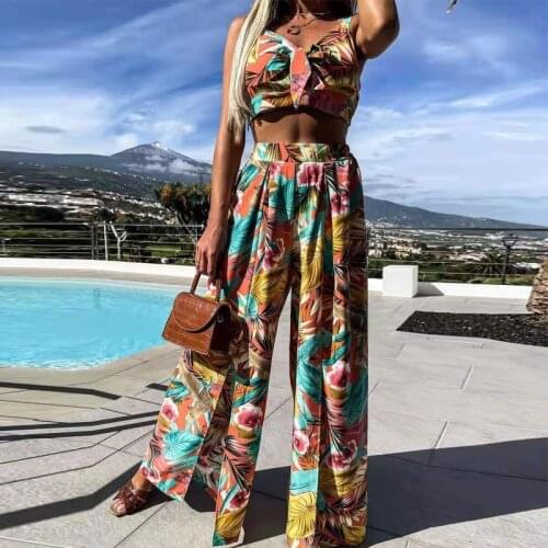 Fashion Elegant Women Print 2 Piece Sets 2021 Summer Female Sexy Sleeveless Bandage Lady Crop Tops And Slit Wide Leg Pants Suits