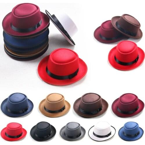 New Classic Solid Color Felt Fedoras Hat For Men Women Artificial Wool Ribbon Band Jazz Cap Wide Brim Church Derby Flat Top Hats