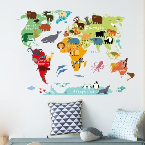 New cartoon animal map seven continents bedroom porch living room wall sticker childrens bedroom background wall sticker
