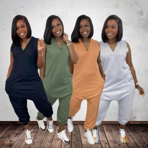 Solid Women Casual Jumpsuits 2021 Fashion V-Neck Loose Solid Sleeveless Pockets Rompers Nightclub Lady Outfits Real Pictures